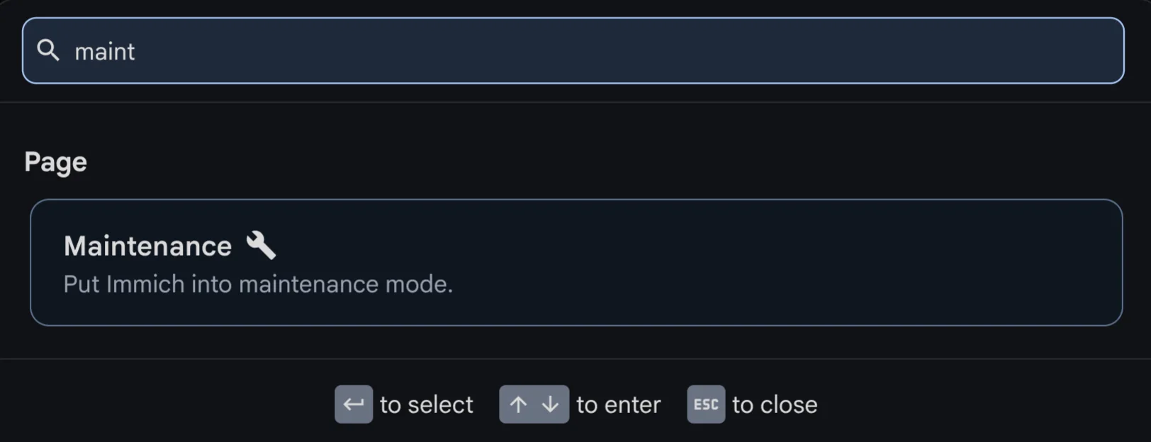 Command palette with a maintenance page item