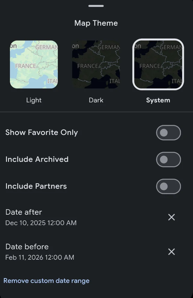 Mobile map settings page date range options