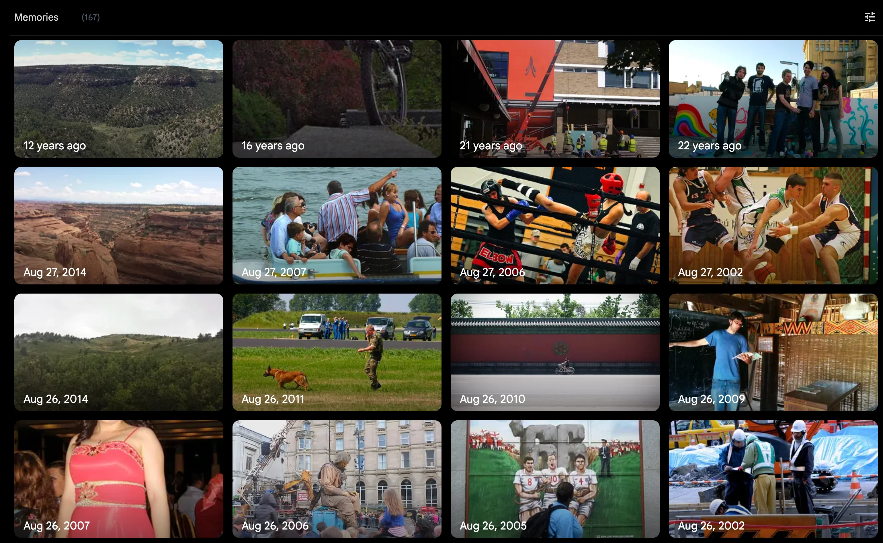 New memories page showing a variety of memories from the past couple of years