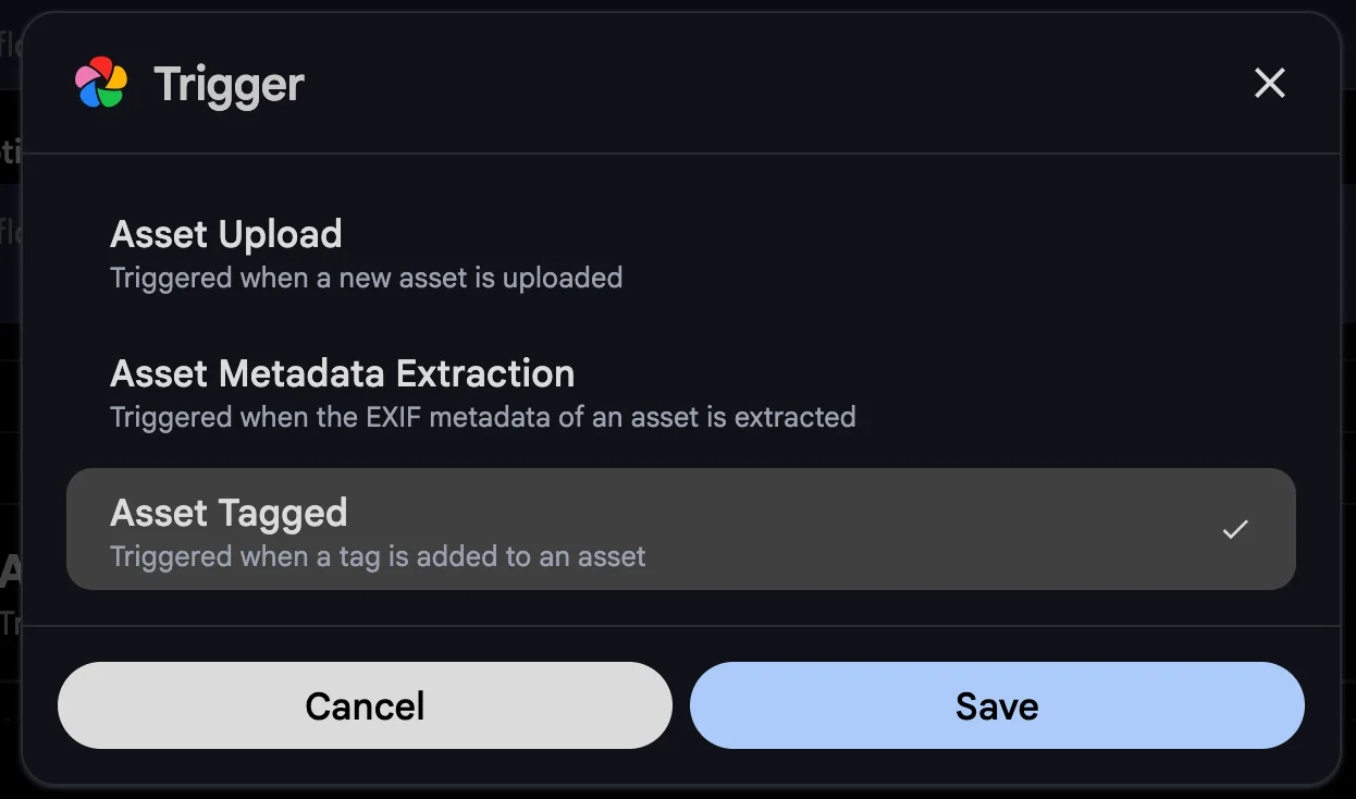 Available workflow triggers showing the new "Asset Tagged" trigger