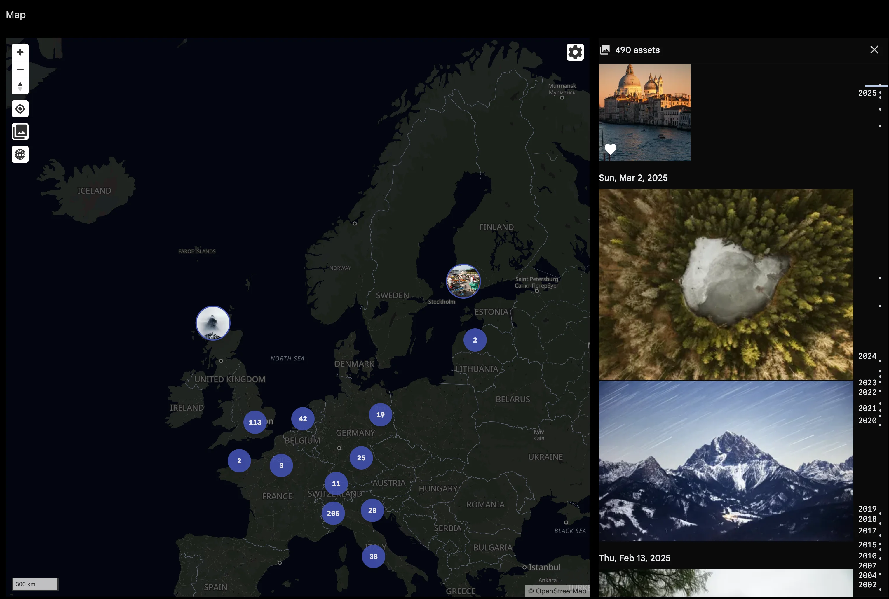 The map page showing a timeline of assets currently in the viewport on the right