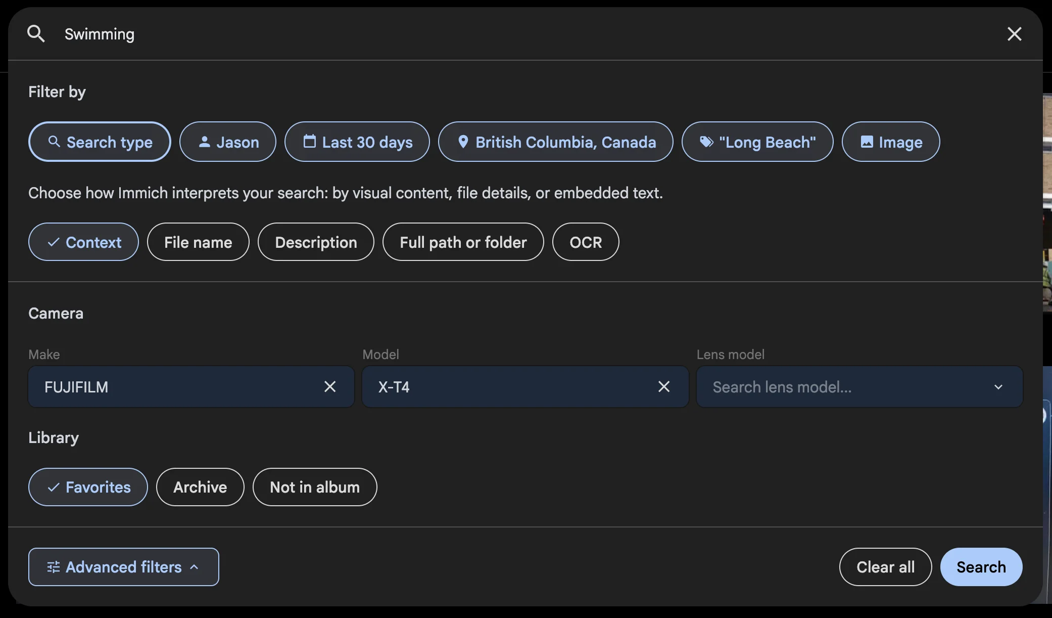 Advanced filters showing camera make, model, and lens model, as well as filers for favorite and archive status, and album membership