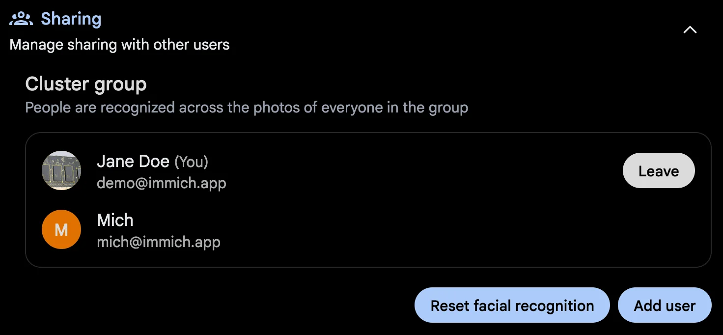 The user sharing settings showing a cluster group with Jane Doe and Mich in it