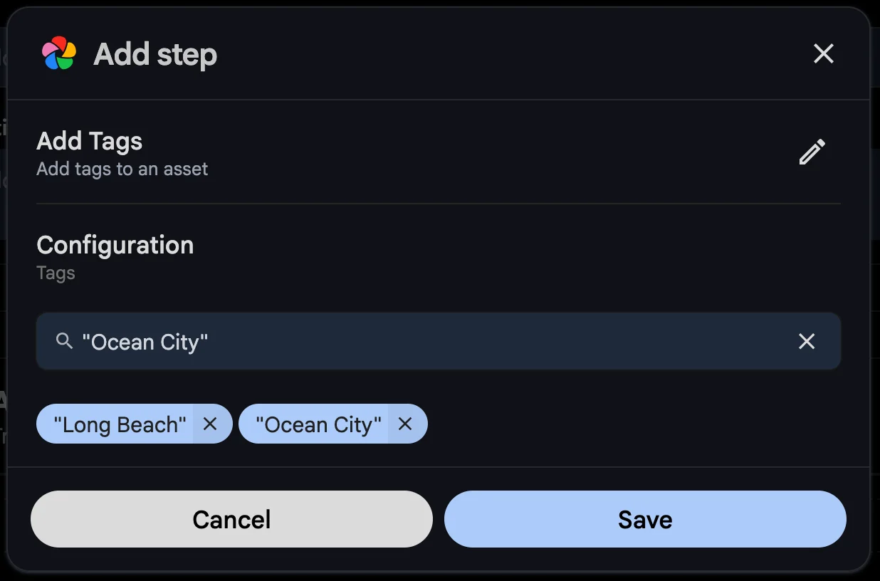 Configuration of the "Add Tags" action showing a combobox to pick tags.