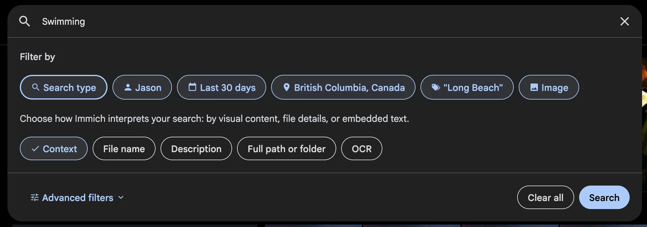New search modal filtering by images with Jason in it, taken in the last 30 days in BC, Canada, tagged "Long Beach" with the context search term "Swimming"
