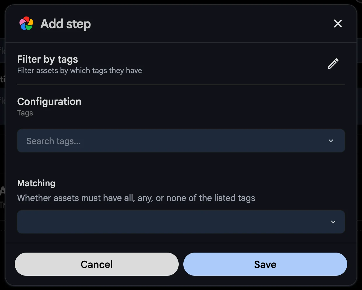 Configuration of the "Filter by tags" filter showing a combobox to pick tags, as well as a "Matching" dropdown