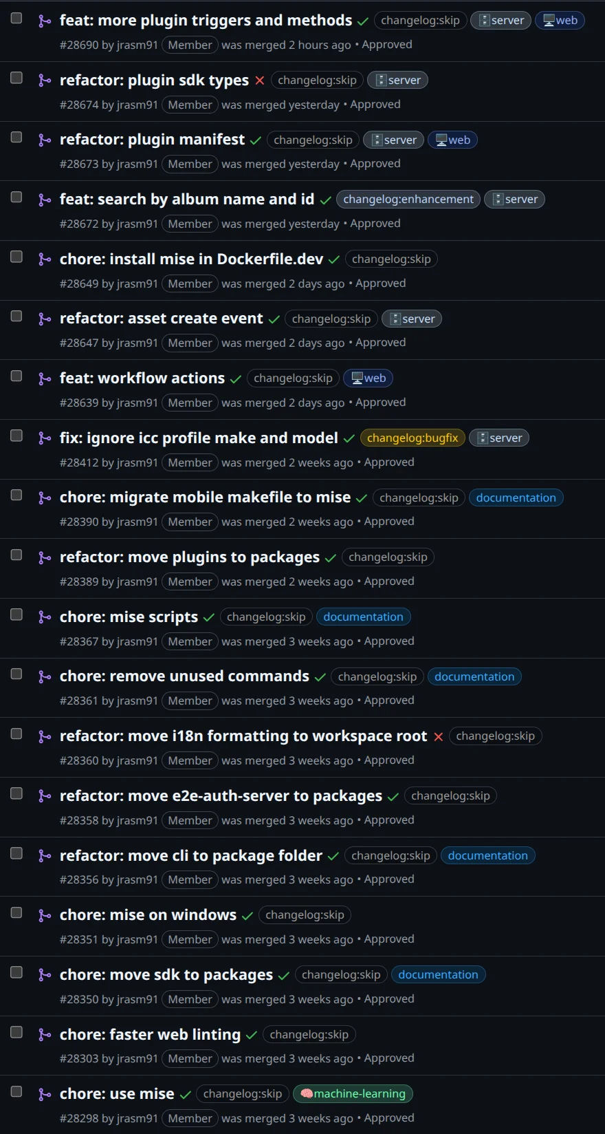My recently merged commits in the immich-app/immich repository
