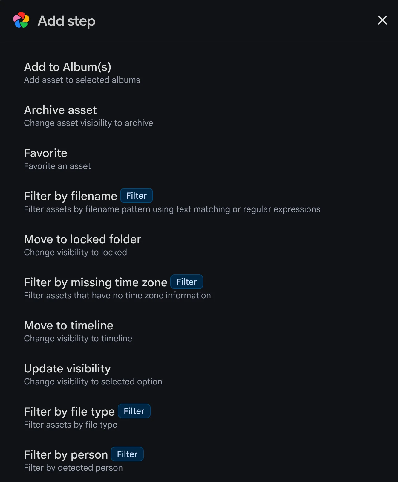 The current list of available workflow actions and  filters