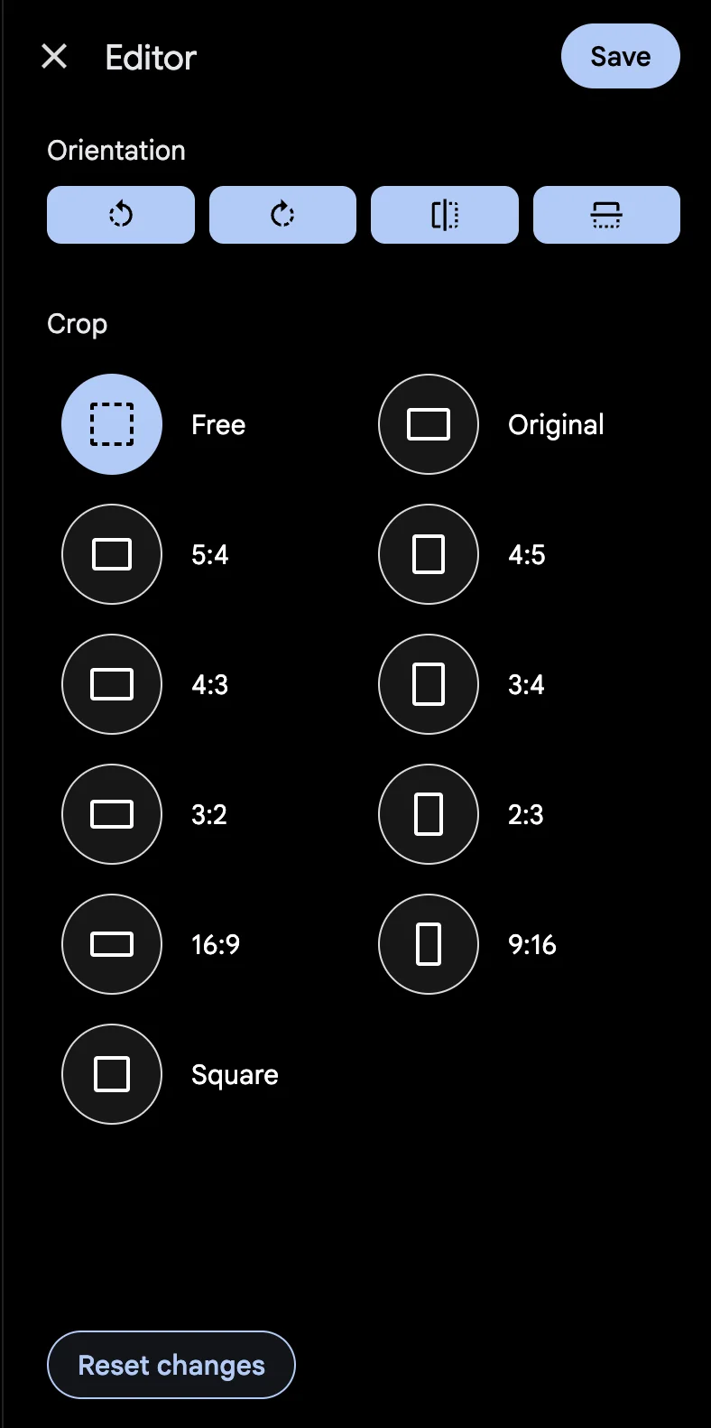 Edit panel with options for crop, rotate, and mirror