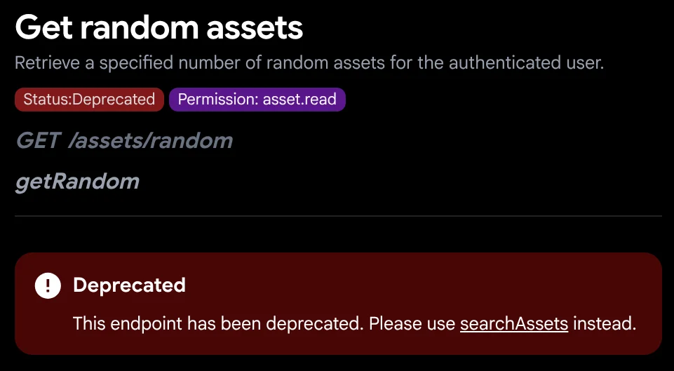 Deprecated getRandom endpoint now links to searchAssets