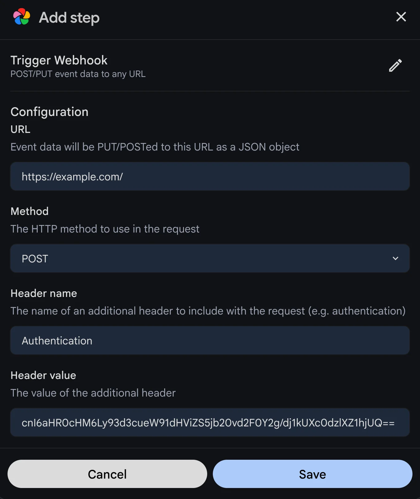 Webhook action configuration form