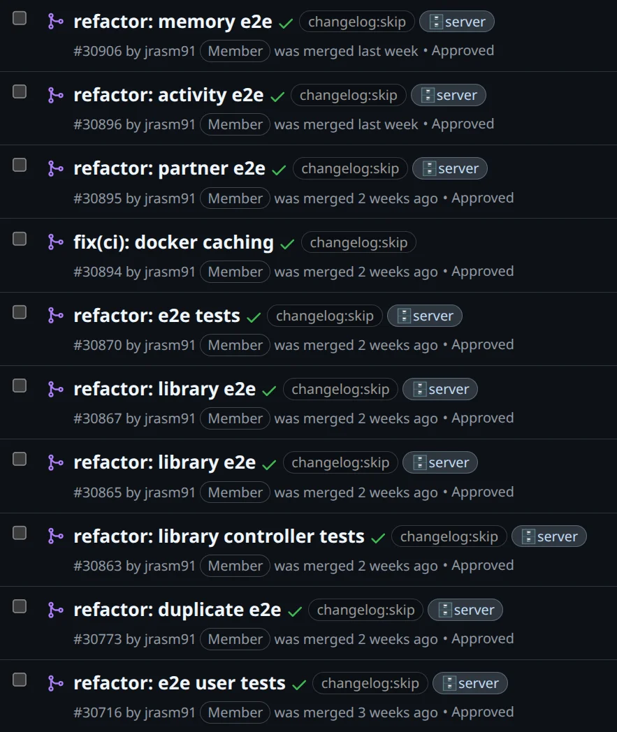 Long list of e2e refactor pull requests