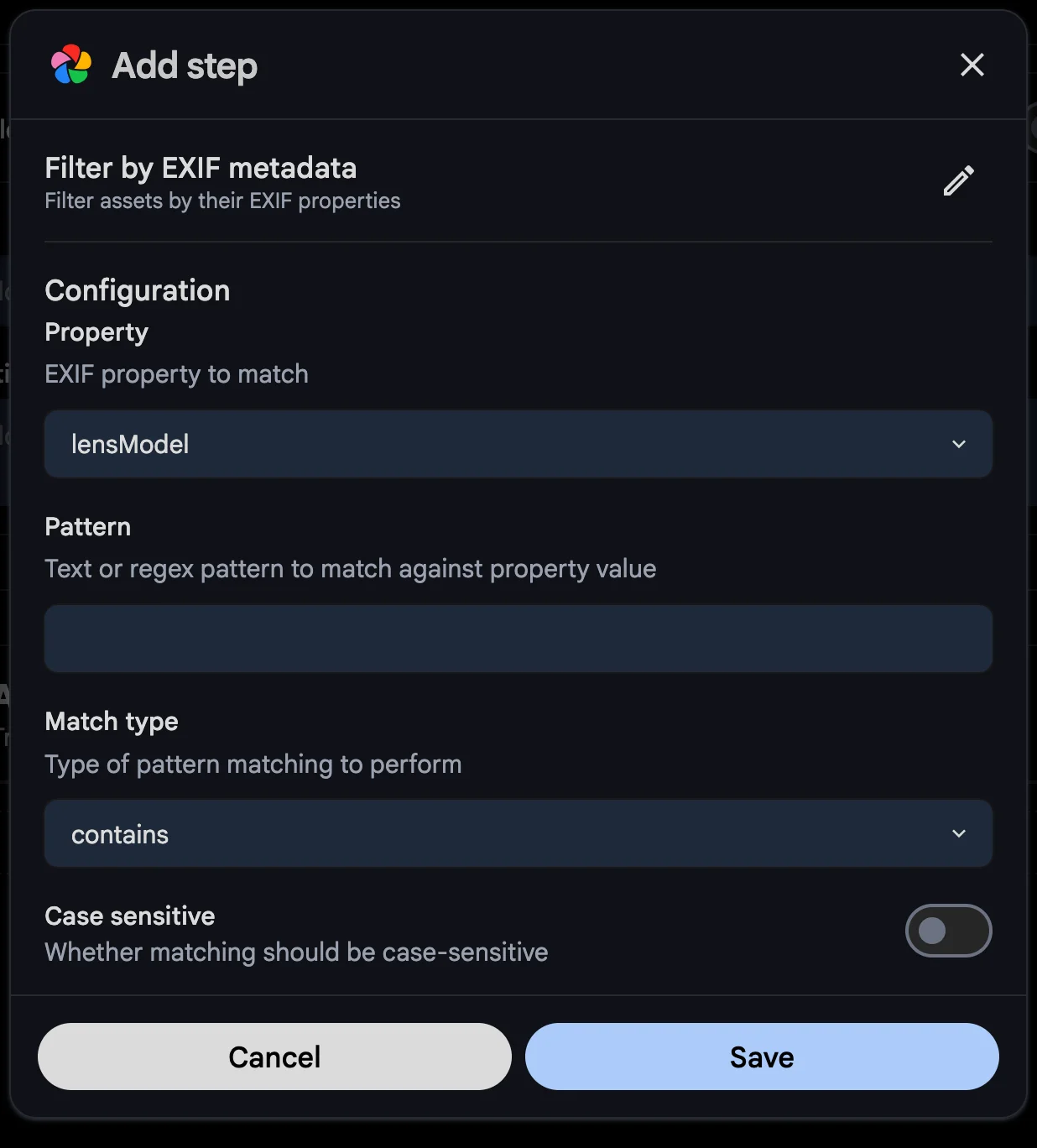 Filter by EXIF metadata step configuration options