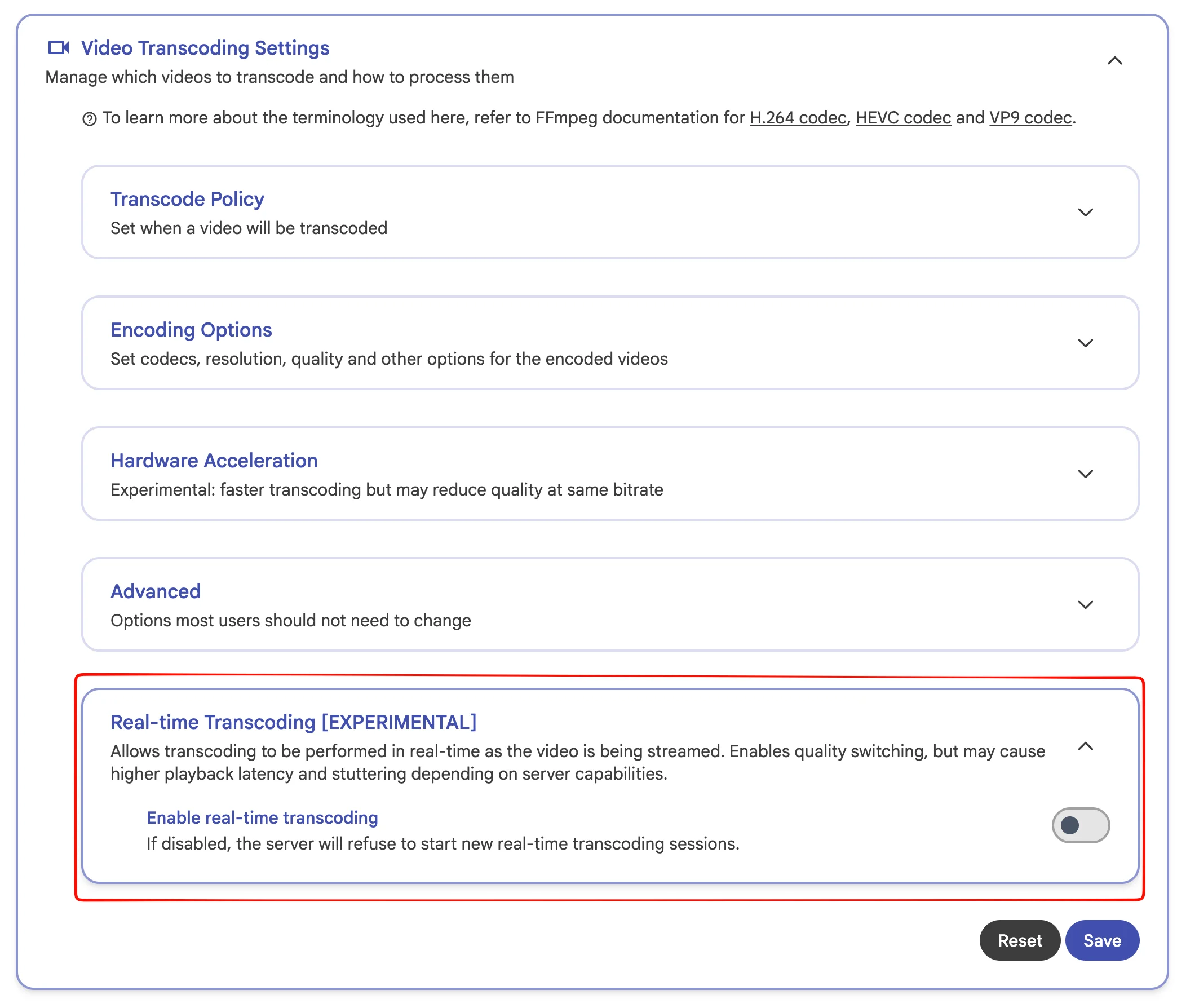 A screenshot of the Immich admin settings, showing a new section "Real-Time Transcoding [Experimental]"