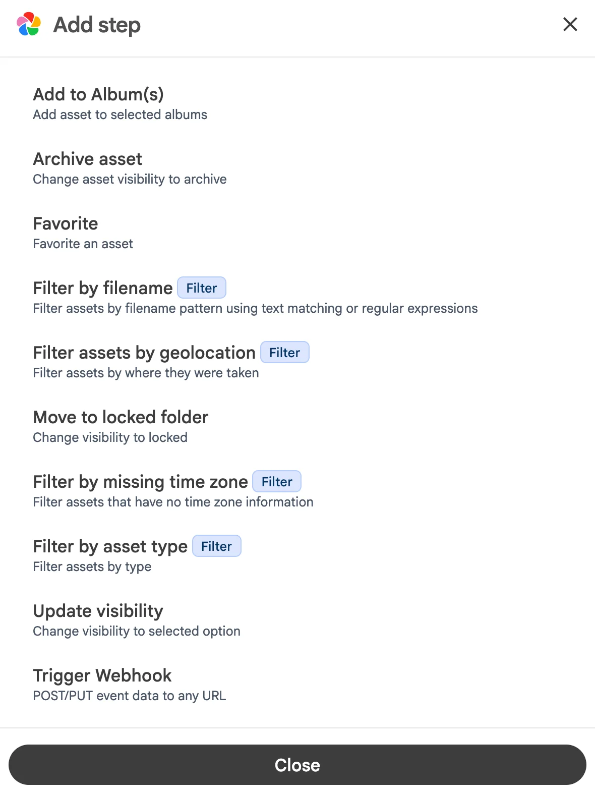 List of available workflow steps