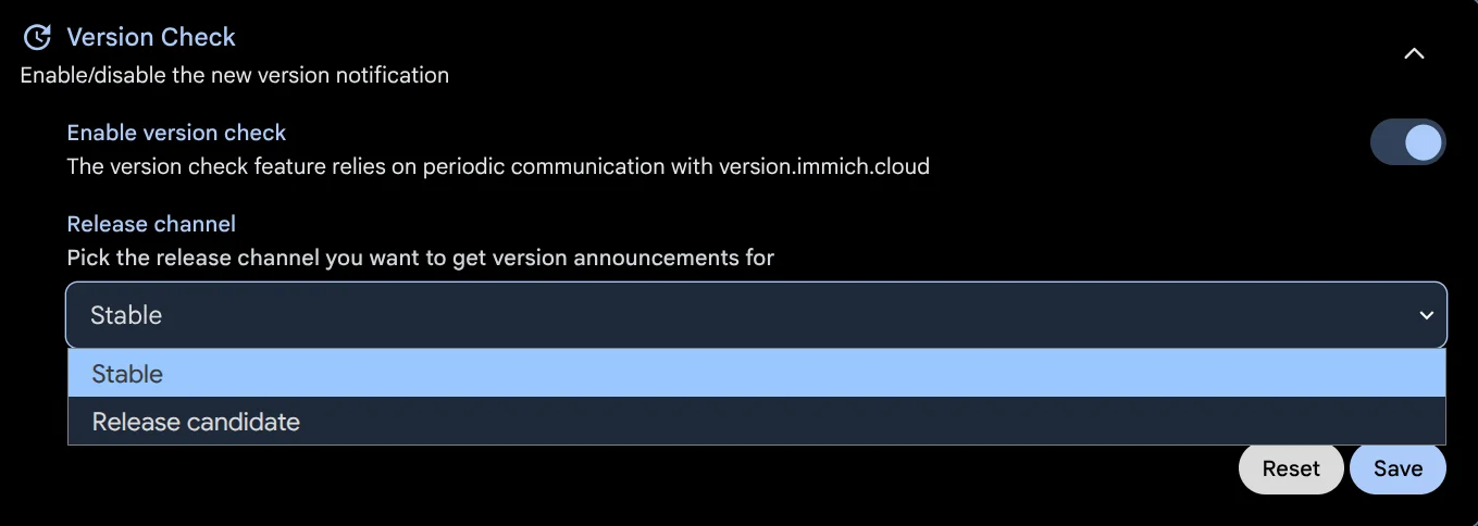 New release channel option in version check settings