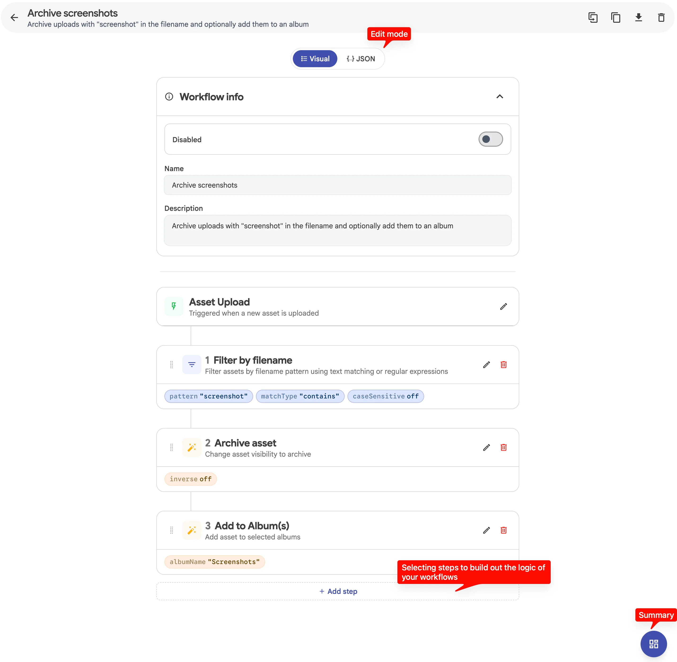 Workflow editor with an example workflow