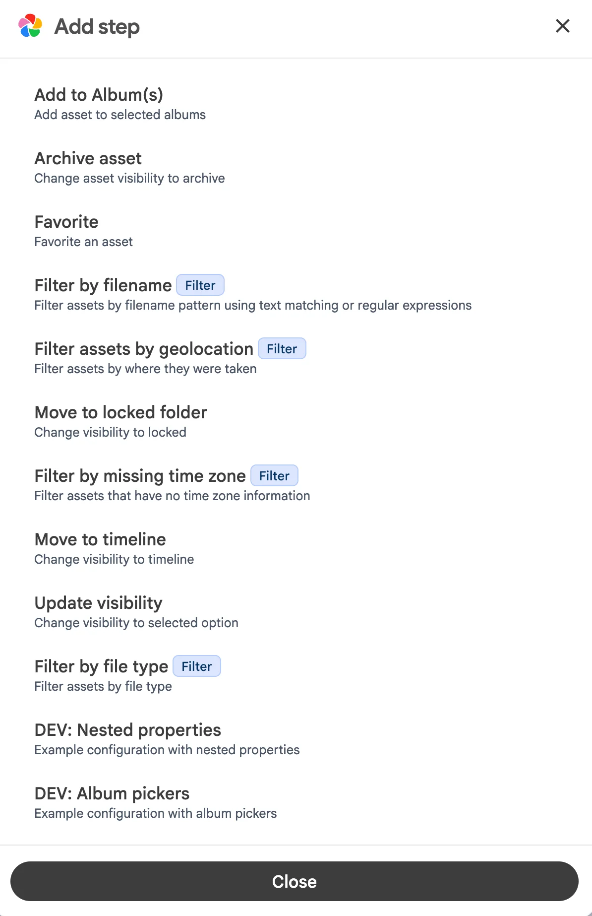 List of available workflow steps