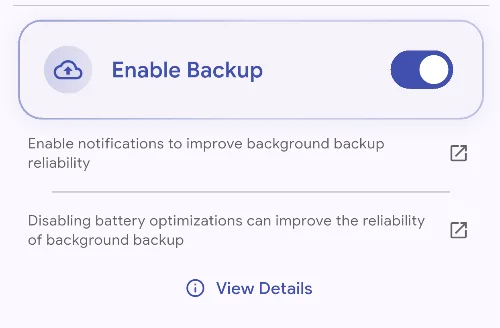 Enable backup option on mobile