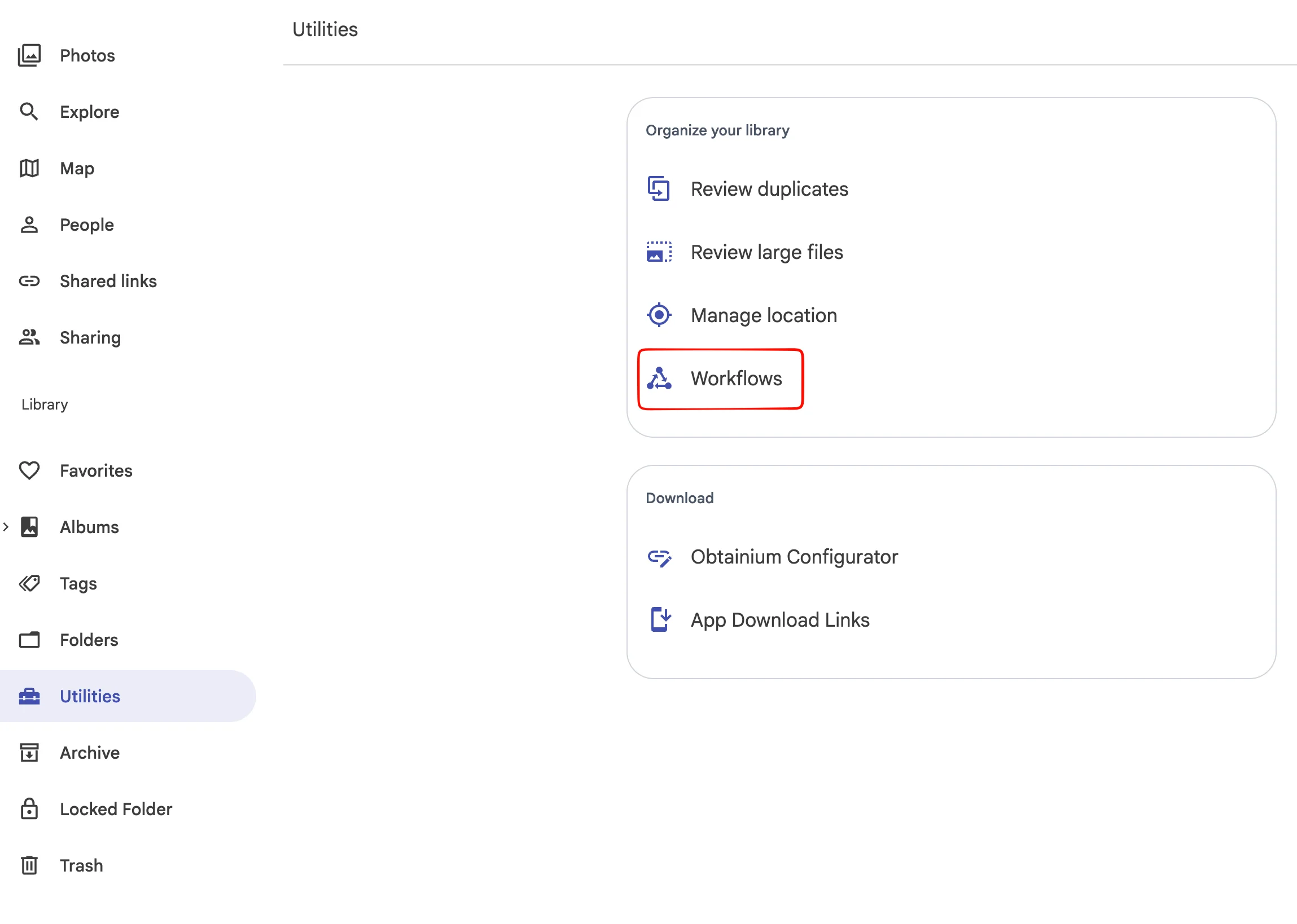 Workflows link on the utilities page