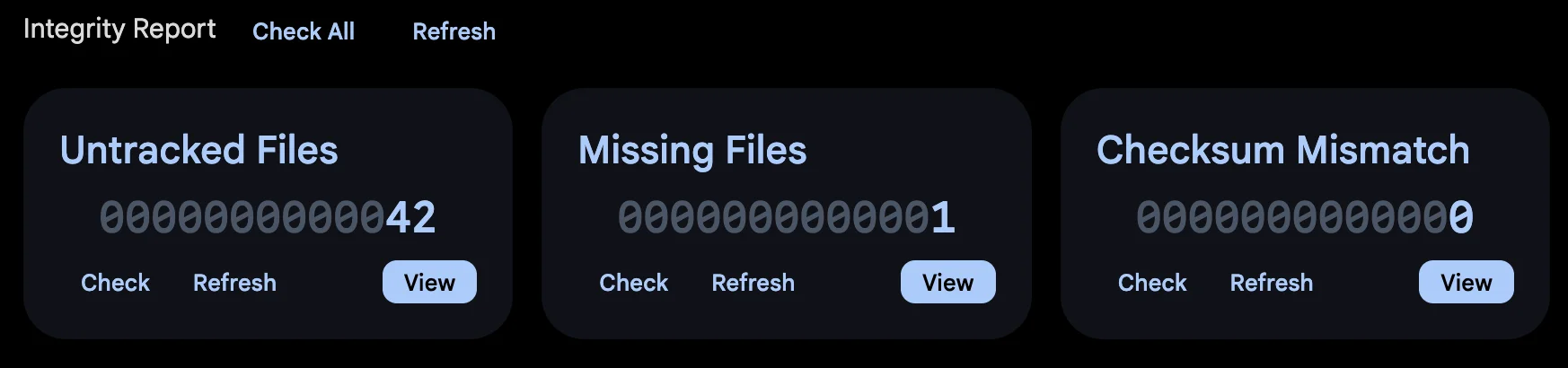 Integrity report on the maintenance page showing a count of untracked and missing files, as well as checksum mismatches.