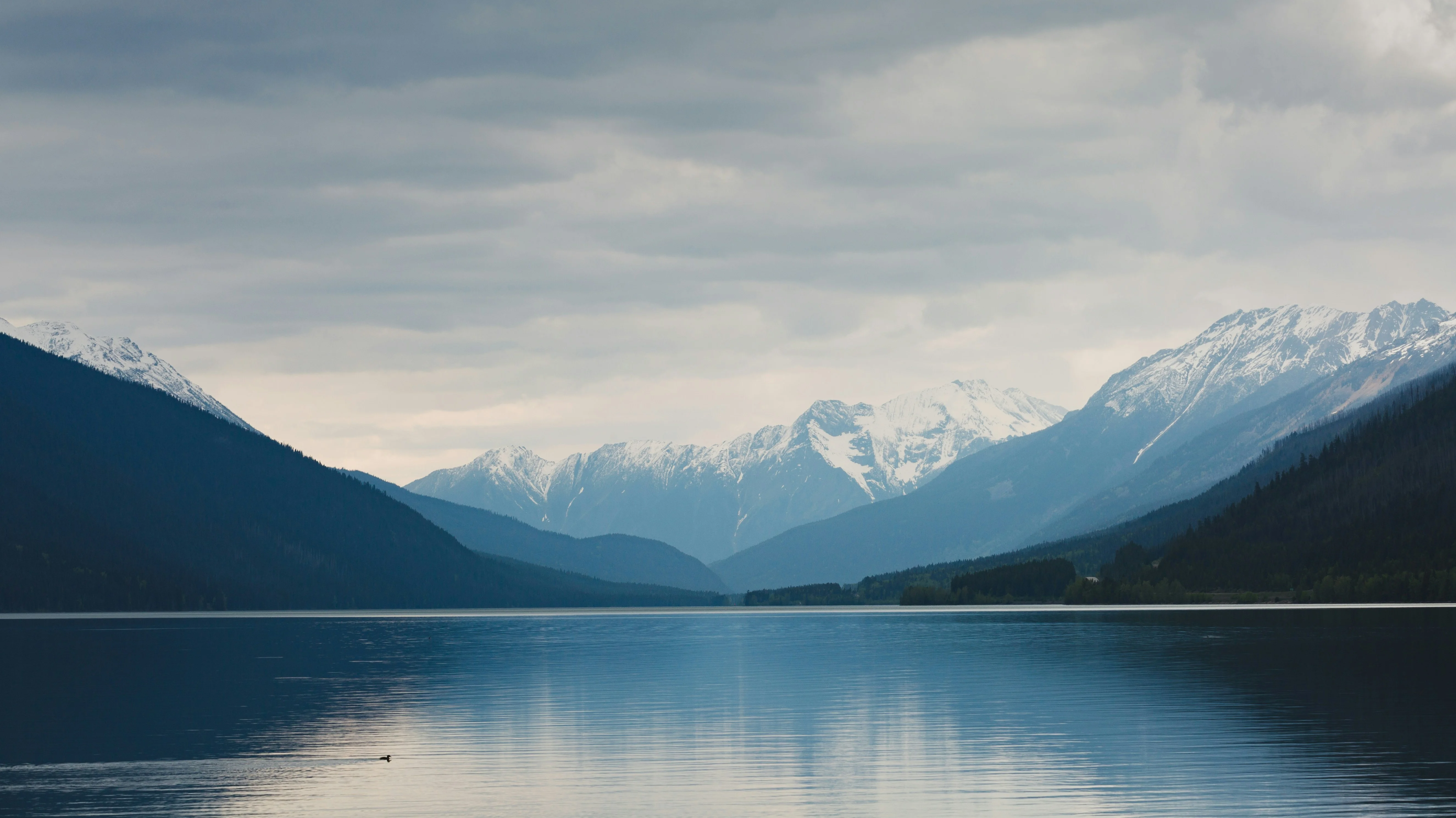 Calm lake set against a snowy mountain